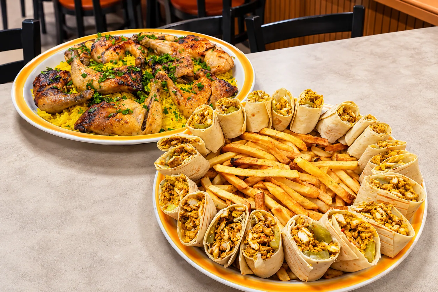 Chicken kabsa family tray beside a platter of shawarma wraps and fries